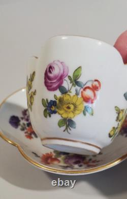 Dresden Porcelain Hand Painted Quatrefoil Cup Saucer Wolfsohn Meissen Florals