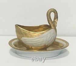 Edme Samson Paris Sevres Gold & White Porcelain Swan Cup & Saucer 1850