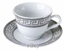 Euro Porcelain 17-pc Tea Cup Coffee Set, Silver Greek Key Design Service for 6