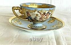 Exquisite Antique Dresden Porcelain Hand Painted Cherubs Tea Cup & Saucer