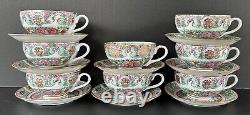 Famille Rose Medallion Canton Cups & Saucers Set of 8 Hong Kong Hand Painted