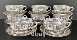 Famille Rose Medallion Canton Cups & Saucers Set of 8 Hong Kong Hand Painted