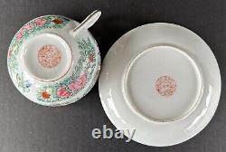 Famille Rose Medallion Canton Cups & Saucers Set of 8 Hong Kong Hand Painted