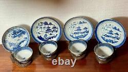 Four Antique Chinese Export Canton Blue & White Porcelain Cup & Saucer