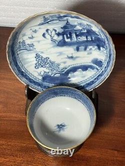 Four Antique Chinese Export Canton Blue & White Porcelain Cup & Saucer