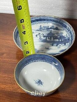 Four Antique Chinese Export Canton Blue & White Porcelain Cup & Saucer