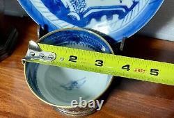 Four Antique Chinese Export Canton Blue & White Porcelain Cup & Saucer