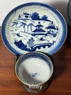 Four Antique Chinese Export Canton Blue & White Porcelain Cup & Saucer