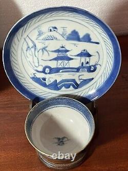 Four Antique Chinese Export Canton Blue & White Porcelain Cup & Saucer