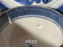 Four Antique Chinese Export Canton Blue & White Porcelain Cup & Saucer