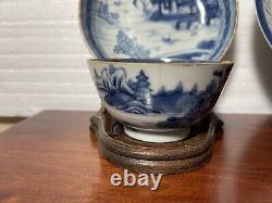 Four Antique Chinese Export Canton Blue & White Porcelain Cup & Saucer