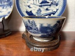 Four Antique Chinese Export Canton Blue & White Porcelain Cup & Saucer