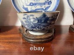 Four Antique Chinese Export Canton Blue & White Porcelain Cup & Saucer