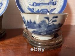 Four Antique Chinese Export Canton Blue & White Porcelain Cup & Saucer