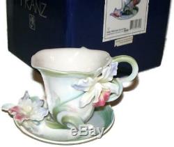 Franz Porcelain Blossom Orchid Potpourri Flower Sculpted Cup & Saucer in Box