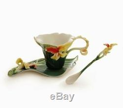 Franz Porcelain Cup, Saucer & Spoon Set Brilliant Blooms Canna Lilly