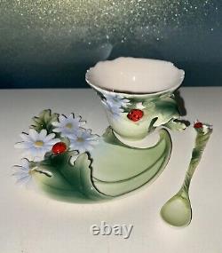 Franz Porcelain Cup, Saucer and Spoon Set Ladybug Collection IOB