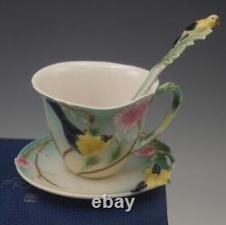 Franz Porcelain Goldfinch And Thistle Friends Of Feathers Cup Saucer Spoon Mib