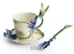 Franz Porcelain Hummingbird & Iris 8 Pc Tea Cups Saucers Spoons & Plates Set