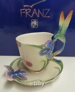 Franz Porcelain Long Tail Hummingbird Design Porcelain Cup & Saucer MIB FZ00129