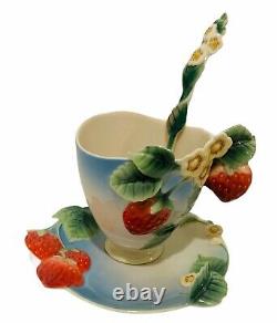 Franz Porcelain Strawberry 3 piece Tea Cup, Saucer & Spoon