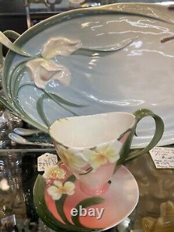 Franz Porcelain Winter Moth Orchid Tea Cup and Saucer Set, with Bee spoon