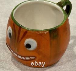 German Halloween Jack O'Lantern Pumpkin Porcelain Mini Tea Cup & Saucer RARE Old