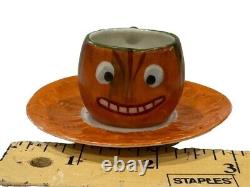 German Halloween Jack O'Lantern Pumpkin Porcelain Mini Tea Cup & Saucer RARE Old