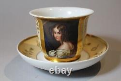 German Late Biedermeier Period Porcelain Hand Painted Portrait Cup/Saucer c. 1845