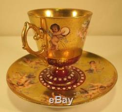 Gilt & Jeweled CHERUBS CUP & SAUCER Putti Footed Porcelain