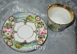 Gorgeous Antique Cup Saucer Paris Porcelain For Chocolate Hand Painted XIX Eme