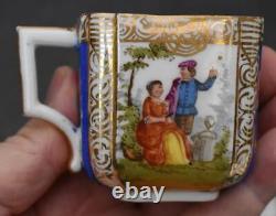 Gorgeous Antique Hnd Ptd Dresden Floral Courting Scene Demitasse Cup & Saucer #2
