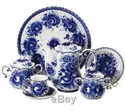 Gzhel Porcelain 23-pc Tea Set for 6 Persons. Bindweed Pattern Handmade in Russia