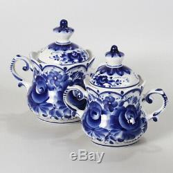 Gzhel Porcelain 23-pc Tea Set for 6 Persons. Bindweed Pattern Handmade in Russia
