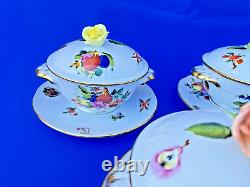 HEREND PORCELAIN HANDPAINTED FRUIT & FLOWERS SOUP CUP AND SAUCER 740/BFR(6pcs.)