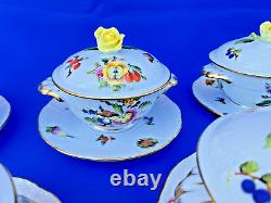 HEREND PORCELAIN HANDPAINTED FRUIT & FLOWERS SOUP CUP AND SAUCER 740/BFR(6pcs.)