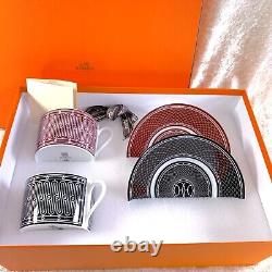 HERMES Large Morning Cup Saucer Black & Red H Deco Porcelain Tableware 2 Sets