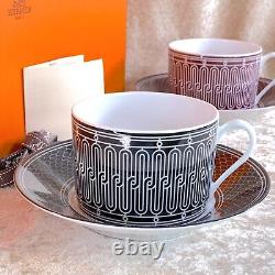 HERMES Large Morning Cup Saucer Black & Red H Deco Porcelain Tableware 2 Sets