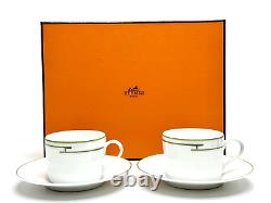 HERMES PARIS Tea Cup & Saucer Porcelain Rythme RHYTHM GREEN x 2 Sets With Box