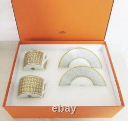 HERMES Porcelain 2 Tea Cup & Saucer Tableware Set Mosaique Au 24 Gold with Box