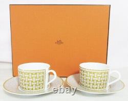 HERMES Porcelain 2 Tea Cup & Saucer Tableware Set Mosaique Au 24 Gold with Box