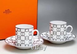 HERMES Porcelain Espresso Cup Saucer 2 set Fil d'Argent Tableware Auth Pottery
