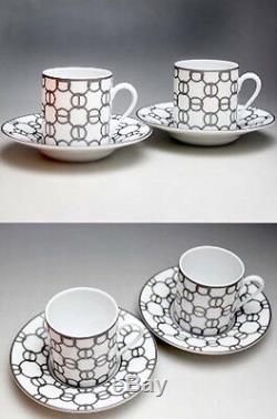 HERMES Porcelain Espresso Cup Saucer 2 set Fil d'Argent Tableware Auth Pottery