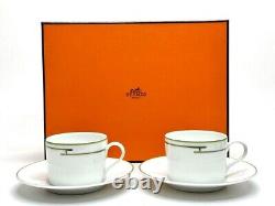 HERMES Rhythm Cup & Saucer Set Fine Porcelain Gold Trim White Pattern with Box