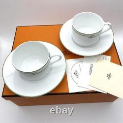 HERMES Rhythm Green Tea Cup Saucer Set Pair Black Porcelain 7