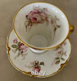 Haviland Chocolate Cup & Saucer Pink Roses Schleiger 257C RARE
