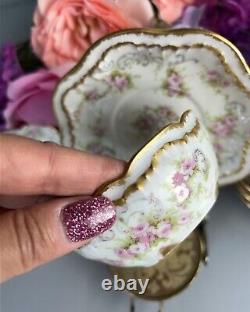 Haviland Limoges Pink Flowers Custard Cups/Ramekin & Saucers (6) Schlesinger 241