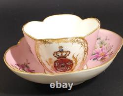 Helena Wolfsohn Dresden Hand Painted Pink Quatrefoil Armorial Crest Cup Saucer