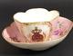 Helena Wolfsohn Dresden Hand Painted Pink Quatrefoil Armorial Crest Cup Saucer