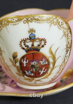 Helena Wolfsohn Dresden Hand Painted Pink Quatrefoil Armorial Crest Cup Saucer